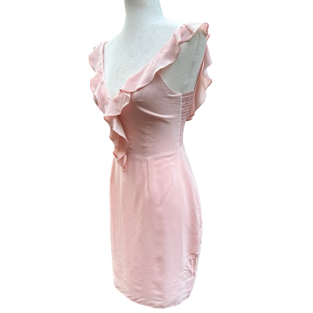 Amanda Uprichard Petal Pink Blush 100% Silk Mini Dress Small Ruffle V-Neck - Picture 4 of 12